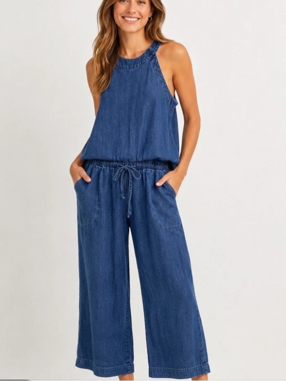 Cloth & Stone Blue Chambray Denim Halter Jumpsuit Size Large